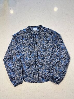 EVEREVE Blue Floral Cotton Balloon Sleeve Button Up Blouse Top Small S